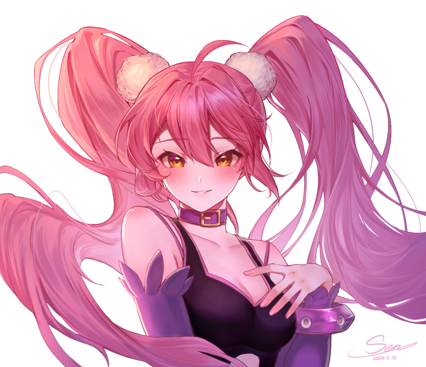 1girl, ahoge, amy_(grand_chase), bare_shoulders, blush, breasts, commentary, dated, detached_sleeves, grand_chase, grin, hair_intakes, hatsusen, long_hair, looking_at_viewer, medium_breasts, mixed-language_commentary, pink_hair, signature, simple_background, smile, solo, twintails, very_long_hair, white_background, yellow_eyes