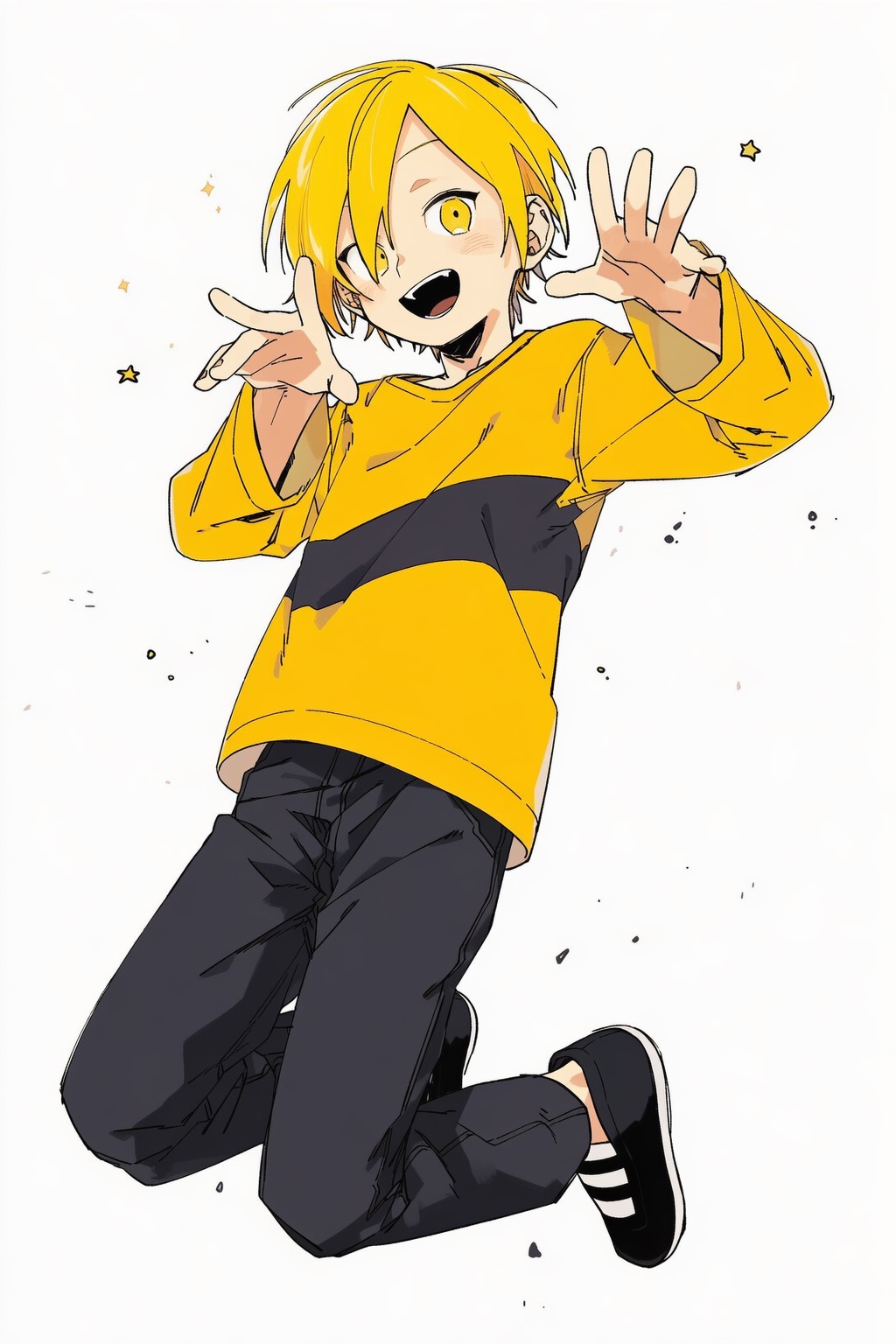1boy, ai-assisted, black_pants, black_shoes, blaster_(kuku88), blonde_hair, colokhan, commentary