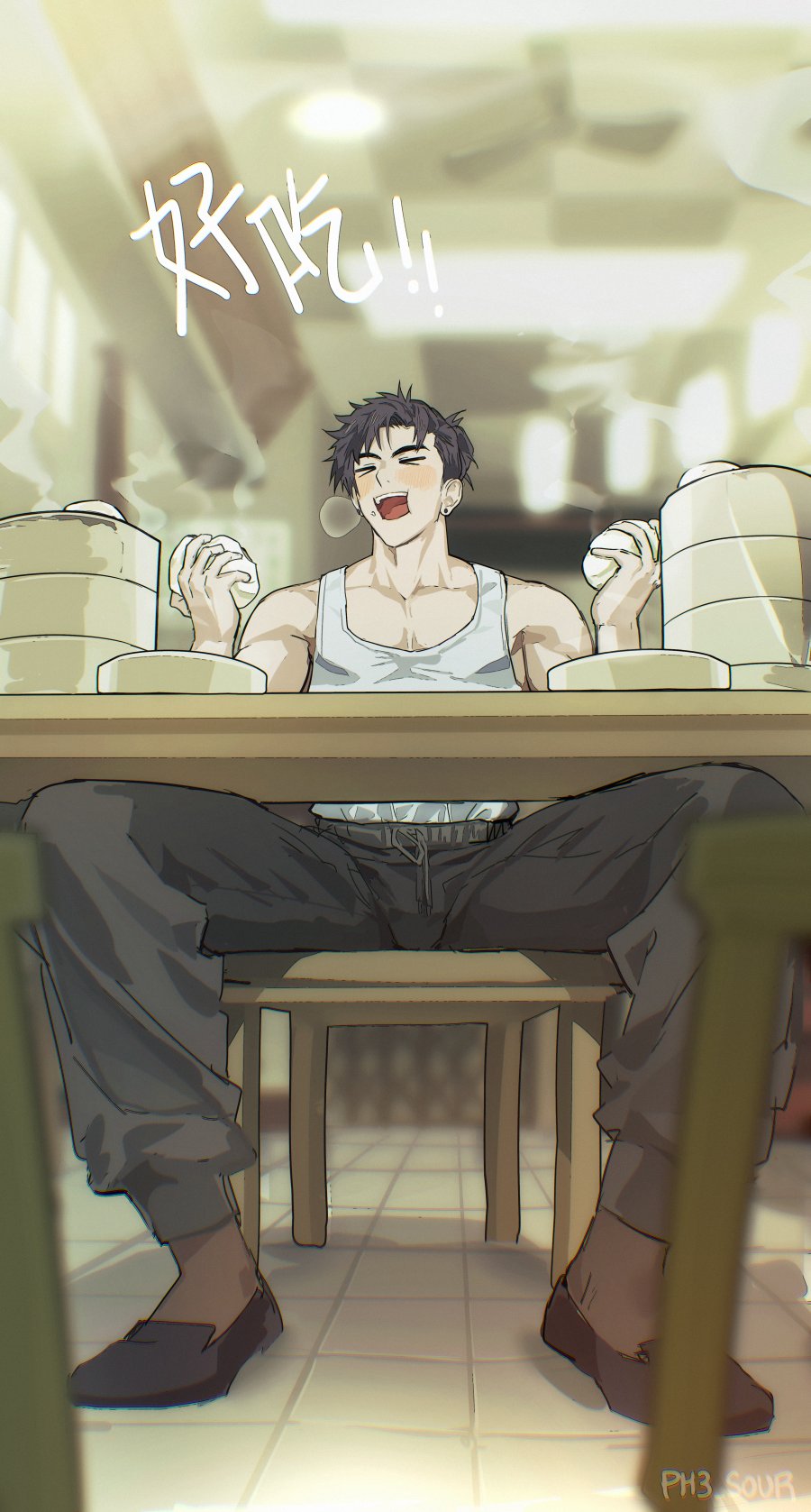 1boy, ^_^, bamboo_steamer, bare_shoulders, black_hair, blurry, blurry_background, blush_stickers