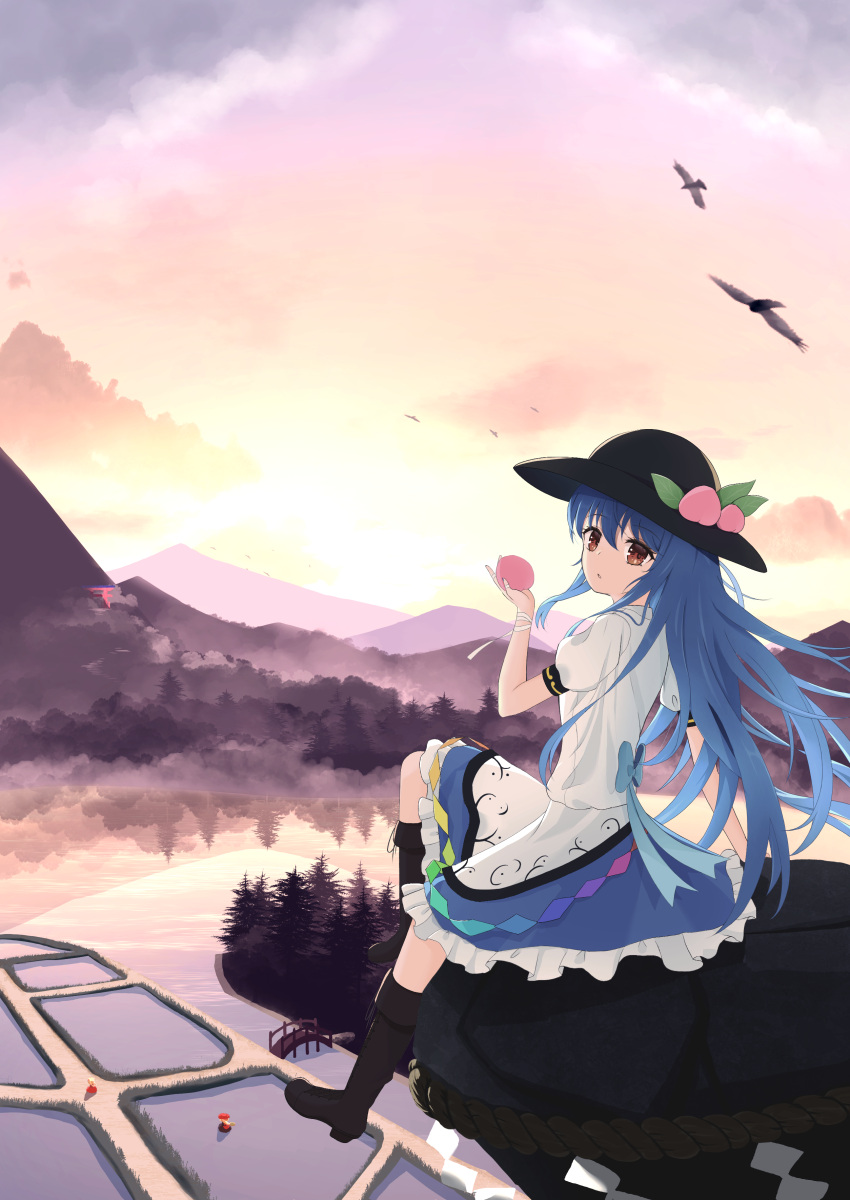 3girls, absurdres, aki_minoriko, aki_shizuha, apron, black_hat, blonde_hair, blue_hair