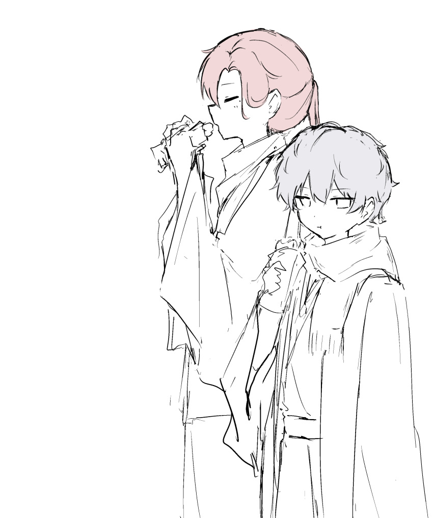 2boys, :t, absurdres, closed_eyes, cowboy_shot, eating, food, highres