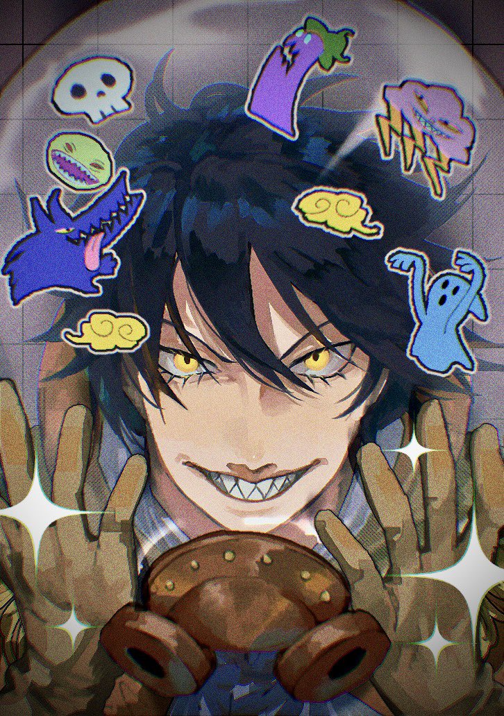 1boy, black_hair, brown_gloves, chabashira_chan, evil_grin, evil_smile, eyelashes, fishbowl_helmet