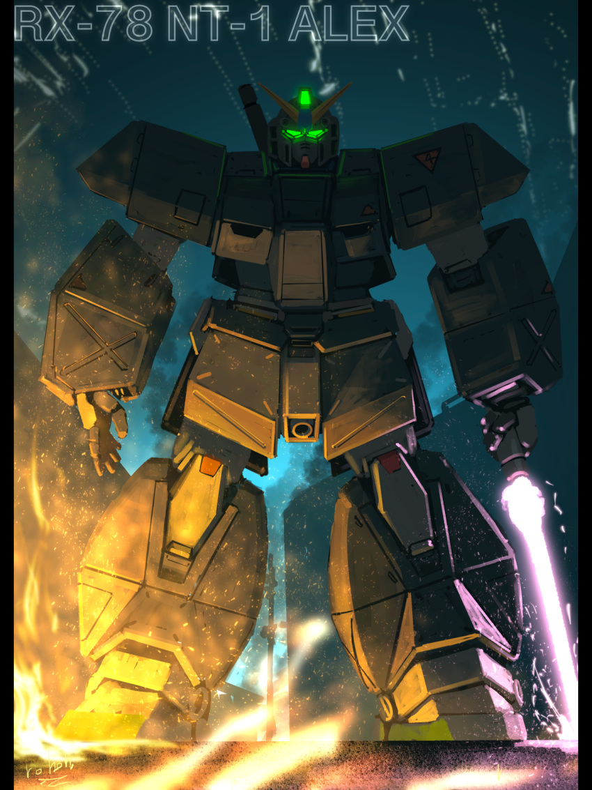 arm_armor, armor, armored_skirt, artist_name, bottoms1237, character_name, colony_interior, commentary_request, embers, energy_sword, facing_viewer, fire, full_armor, full_armor_alex, full_body, glowing, glowing_eyes, green_eyes, gundam, gundam_0080, gundam_alex, highres, holding, holding_beam_saber, holding_sword, holding_weapon, joints, leg_armor, mecha, mecha_focus, mobile_suit, mobile_suit_gundam, night, no_humans, no_pupils, outdoors, robot, robot_joints, science_fiction, shoulder_armor, signature, space_habitat, standing, sword, utility_pole, weapon