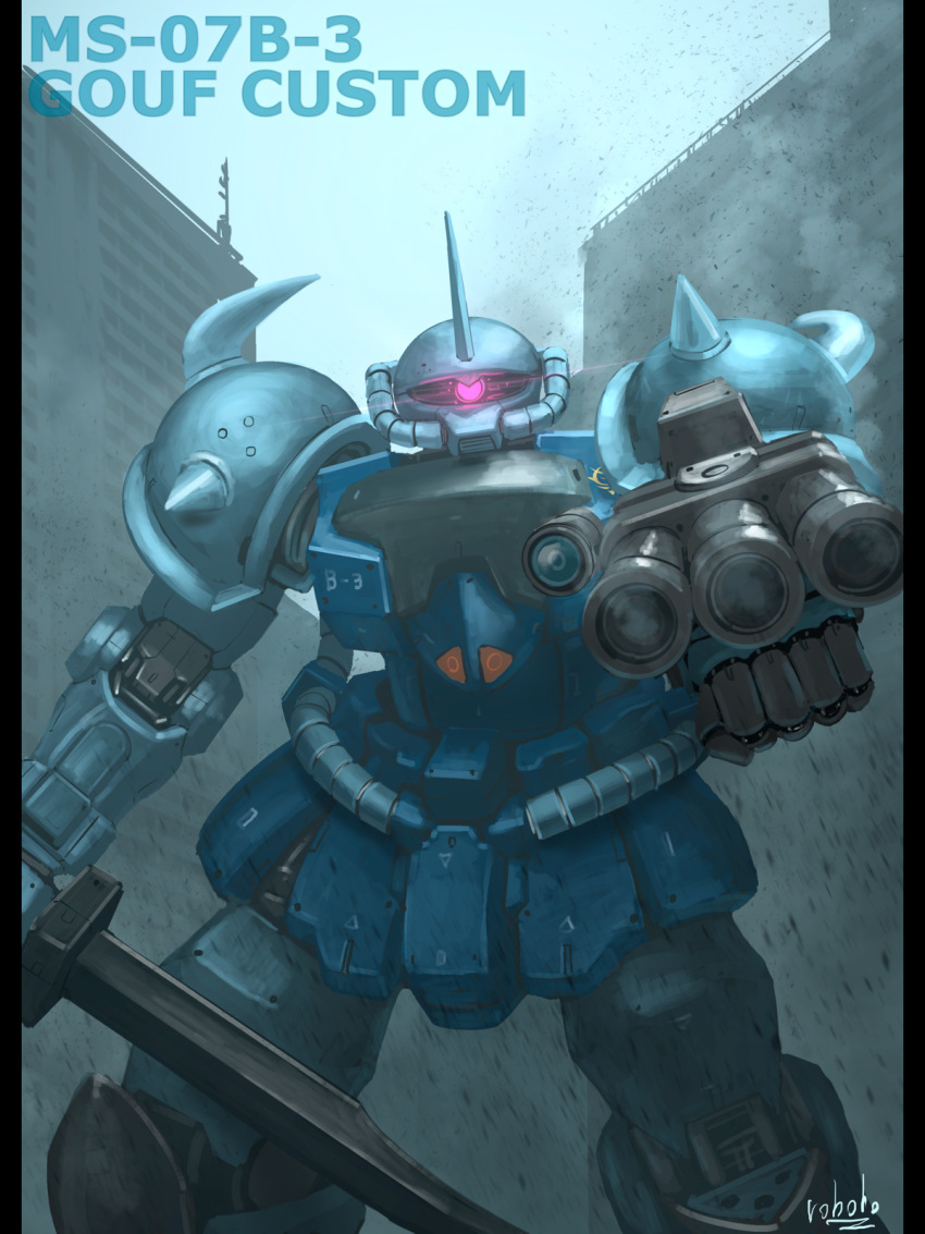 aiming, aiming_at_viewer, antennae, arm_mounted_weapon, armor, artist_name, bottoms1237, building, character_name, city, commentary_request, day, debris, facing_viewer, glowing, glowing_eyes, gouf_custom, gun, gundam, gundam_08th_ms_team, heat_saber, highres, holding, holding_gun, holding_sword, holding_weapon, joints, mecha, mecha_focus, mixed-language_commentary, mobile_suit, no_humans, no_pupils, one-eyed, outdoors, pink_eyes, robot, robot_joints, science_fiction, scope, shoulder_armor, shoulder_spikes, signature, sky, spikes, sword, weapon, zeon