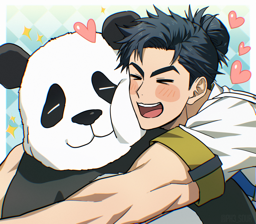 >_<, 1boy, :d, animal_hug, black_hair, blush_stickers, cheek-to-cheek, cheek_press