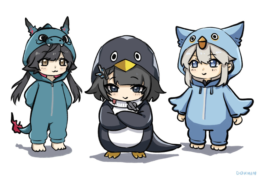3girls, :>, :3, animal, arknights, arknights:_endfield, chen_qianyu_(arknights), chibi, clothed_animal, dokmin, dragon_girl, endministrator_(arknights), female_endministrator_(arknights), highres, multiple_girls, perlica_(arknights), simple_background, standing, white_background