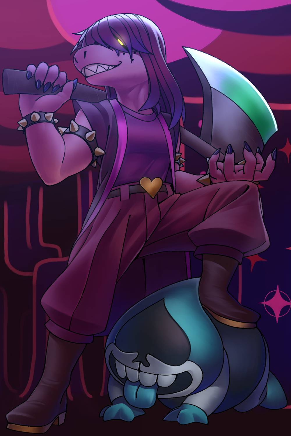 1boy, 1girl, all_fours, armlet, axe, boots, bracelet, colored_skin
