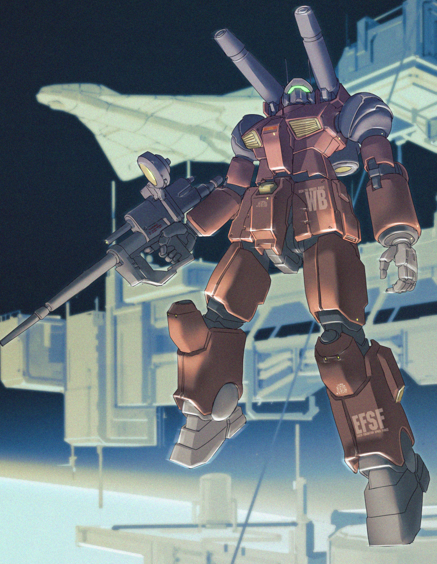 absurdres, adversarial_noise, antennae, assault_visor, beam_rifle, blurry, blurry_background, commentary_request