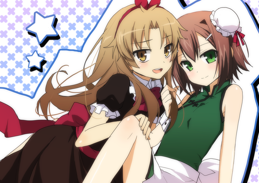 apron, baka_to_test_to_shoukanjuu, blush, bow, brown_eyes, brown_hair, china_dress, chinese_clothes, crossdressing, crossdressinging, double_bun, dress, green_eyes, hair_bow, hair_bun, hair_clip, hair_ornament, hair_tussle, hairclip, kinoshita_hideyoshi, kurot, long_hair, looking_back, multiple_boys, open_mouth, short_hair, sitting, smile, star, trap, wrist_cuffs, yoshii_akihisa