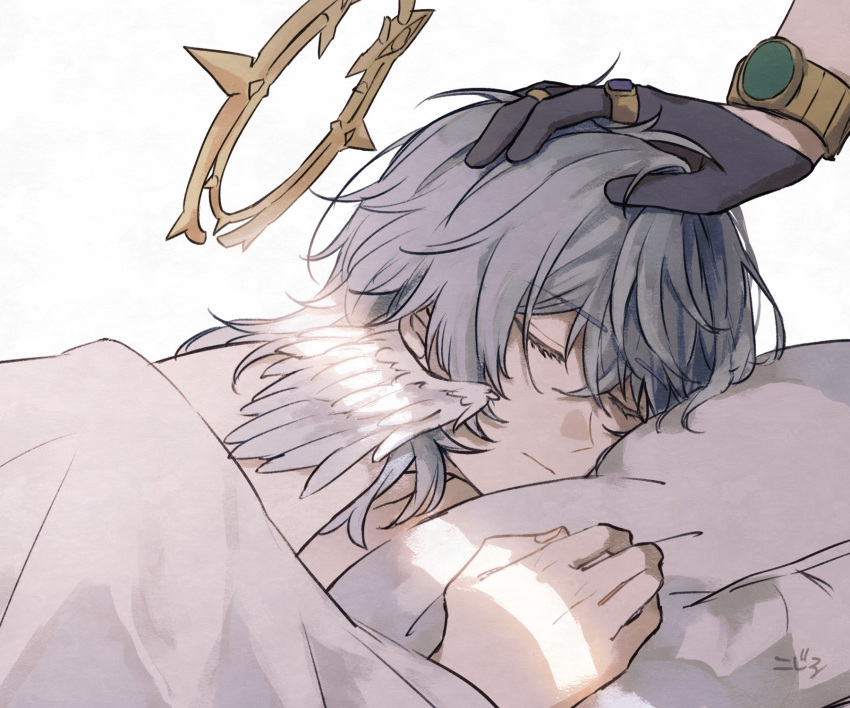 2boys, aventurine_(honkai:_star_rail), black_gloves, bracelet, closed_eyes, closed_mouth, commentary, eyelashes
