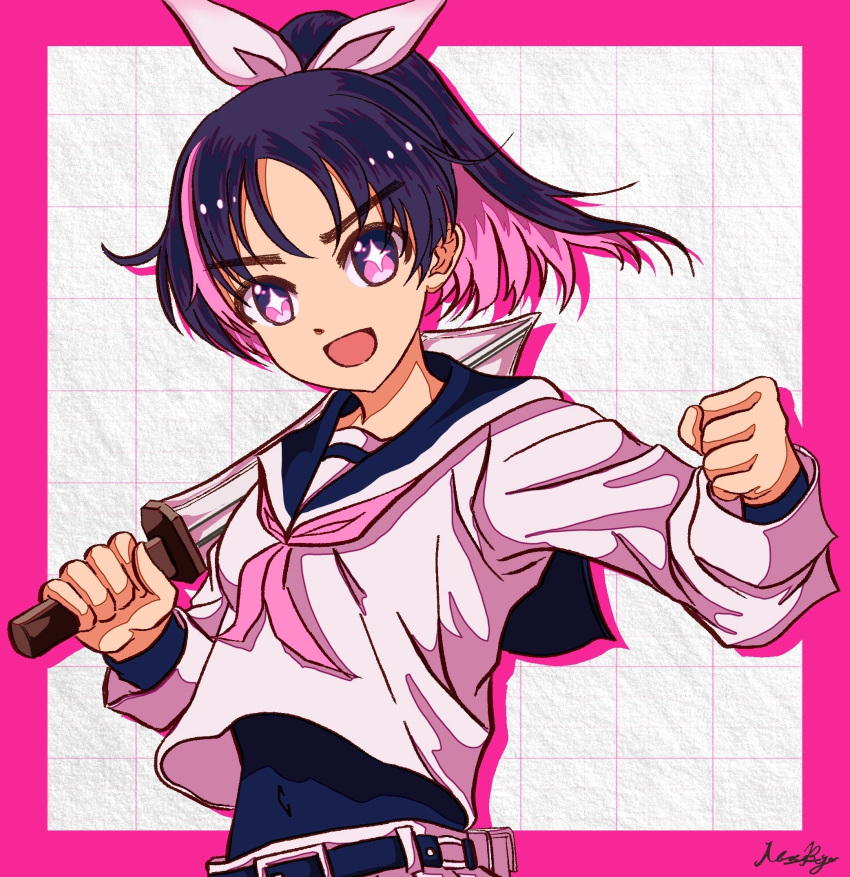 1girl, belt, blue_belt, blue_sailor_collar, blue_shirt, border, clenched_hand, colored_inner_hair