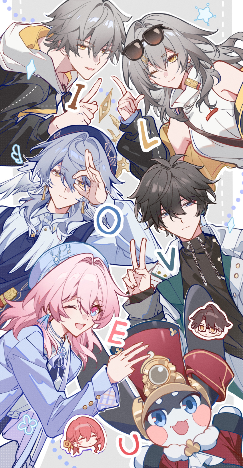 1other, 3girls, 4boys, ;), ;d, absurdres, bag, beret, black_hair, black_jacket, black_shirt, blue_bag, blue_choker, blue_coat, blue_eyes, blue_hat, blue_vest, caelus_(honkai:_star_rail), caelus_(world_tour_2023)_(honkai:_star_rail), chibi, chibi_inset, chinese_commentary, choker, closed_mouth, coat, collared_shirt, commentary_request, dan_heng_(honkai:_star_rail), dan_heng_(impression)_(honkai:_star_rail), drawn_wings, earrings, eyes_visible_through_hair, eyewear_on_head, grey_background, grey_hair, hair_between_eyes, hair_intakes, hair_ornament, hairclip, halo, halo_behind_head, hand_up, hat, head_wings, highres, himeko_(honkai:_star_rail), honkai:_star_rail, honkai_(series), hood, hood_down, hooded_jacket, index_finger_raised, jacket, jewelry, l_hand, lizi_cai, long_hair, long_sleeves, looking_at_viewer, march_7th_(honkai:_star_rail), march_7th_(impression)_(honkai:_star_rail), multicolored_eyes, multiple_boys, multiple_girls, ok_sign, ok_sign_over_eye, one_eye_closed, open_clothes, open_jacket, open_mouth, outline, pink_eyes, pink_hair, pom-pom_(honkai:_star_rail), shirt, short_hair, shoulder_bag, simple_background, sleeveless, sleeveless_shirt, smile, stelle_(honkai:_star_rail), stelle_(world_tour_2023)_(honkai:_star_rail), sunday_(honkai:_star_rail), sunday_(impression)_(honkai:_star_rail), sunglasses, teeth, trailblazer_(honkai:_star_rail), turtleneck, two-tone_eyes, upper_teeth_only, v, vest, welt_yang, white_coat, white_outline, white_shirt, wing_collar, wings, yellow_eyes, zipper
