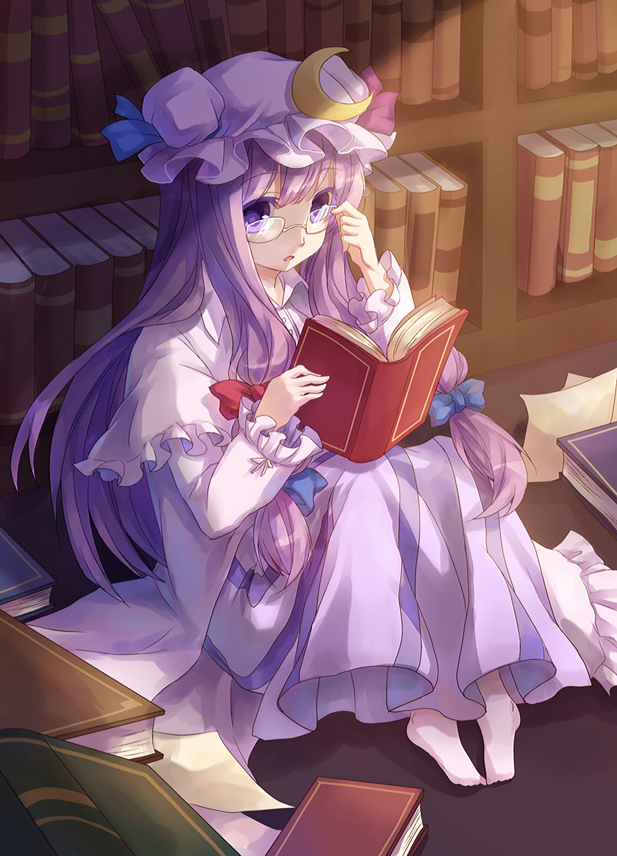 adjusting_glasses, bad_id, barefoot, bespectacled, book, bookshelf, bow, colored_eyelashes