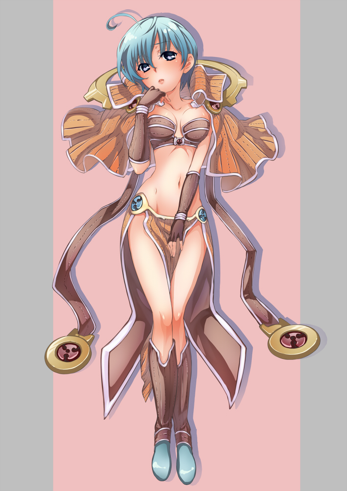 blue_eyes, blue_hair, blush, breasts, capelet, covering, covering_crotch, fingerless_gloves