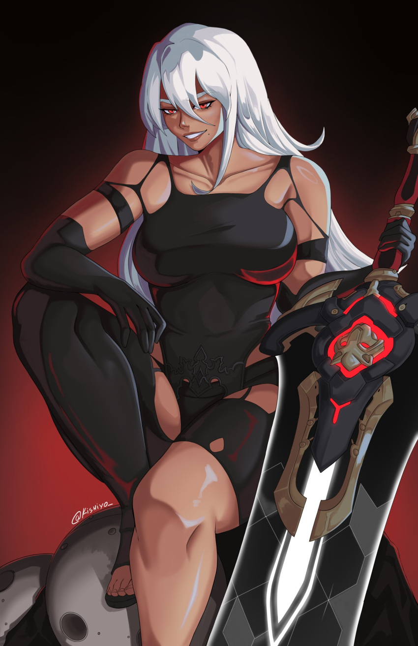 1girl, a2_(nier:automata), a2_(nier:automata)_(cosplay), absurdres, black_gloves, cosplay, elbow_gloves, gloves, grin, highres, long_hair, overwatch, red_background, red_eyes, rkgk_kishiyo, simple_background, sitting, smile, solo, sword, torn_clothes, vendetta_(overwatch), weapon, white_hair