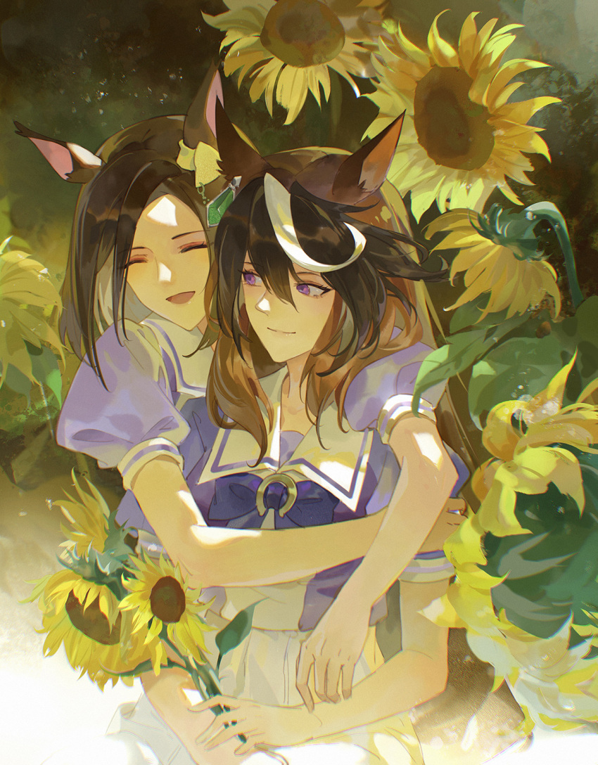 2girls, ^_^, air_groove_(umamusume), animal_ears, black_hair, bow, bowtie, brown_hair