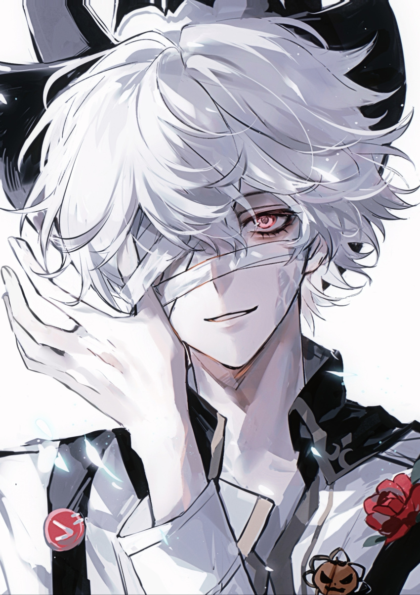 1boy, absurdres, bandage_over_one_eye, especiala, florian_brand, florian_brand_(lumina), flower, glowing