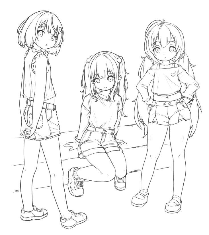 3girls, ahoge, arms_behind_back, commentary, comodox, denim, denim_shorts, faeryn_(comodox)