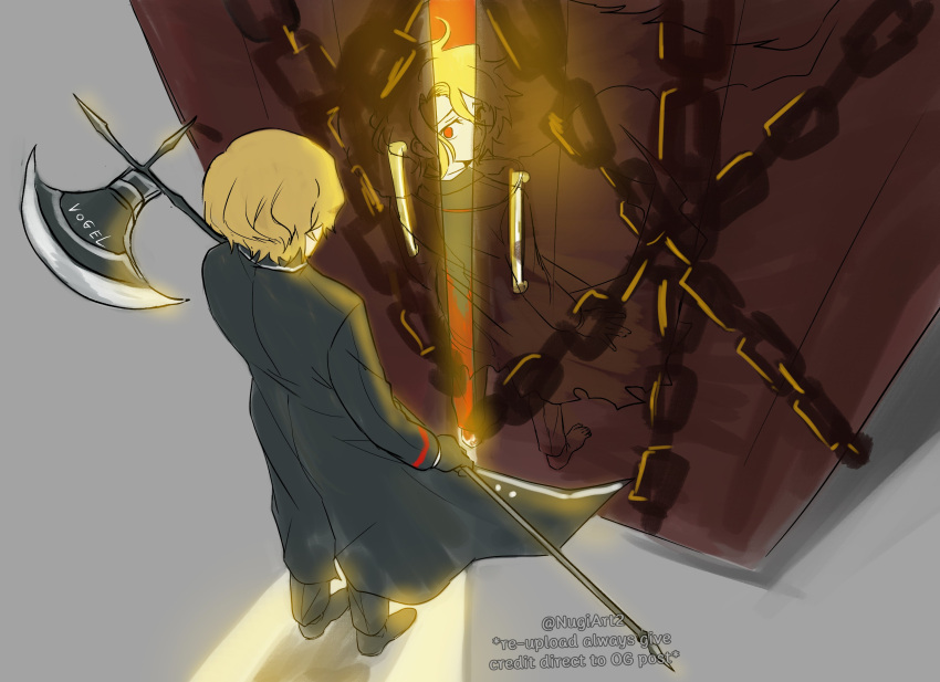 1boy, 1girl, absurdres, ahoge, black_gloves, black_suit, blonde_hair, chain