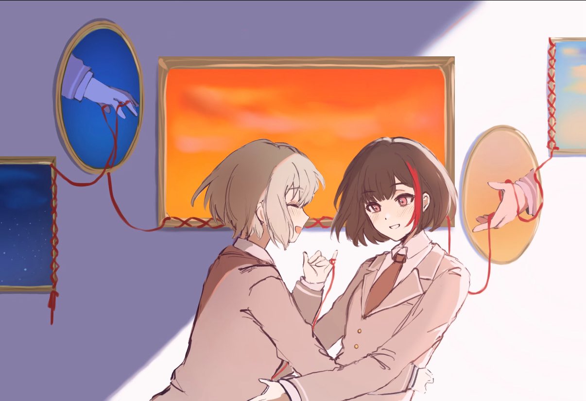 2girls, :d, aoba_moca, bang_dream!, bang_dream!_girls_band_party!, black_hair, black_necktie, blonde_hair, blush, buttons, closed_eyes, collared_jacket, collared_shirt, crreamer, from_side, grey_jacket, hand_on_another's_waist, haneoka_school_uniform, hashtag-only_commentary, jacket, long_sleeves, looking_at_another, mitake_ran, multicolored_hair, multiple_girls, necktie, open_mouth, pink_eyes, pinky_out, portrait_(object), red_streaks, school_uniform, shade, shirt, short_hair, simple_background, smile, streaked_hair, string, string_of_fate, string_on_pinky, sunset, teeth, white_shirt, yuri