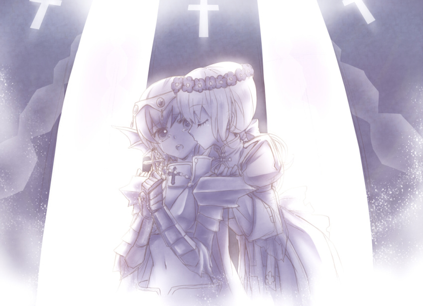 archbishop, armor, closed_eyes, cross, eyes_closed, head_fins, head_wreath, kawagoe_pochi