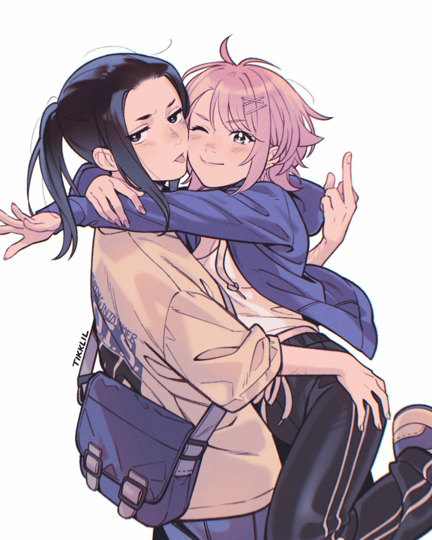 2girls, anna_(drifting_into_summer), bag, black_hair, black_pants, blue_jacket, blush, brown_shirt