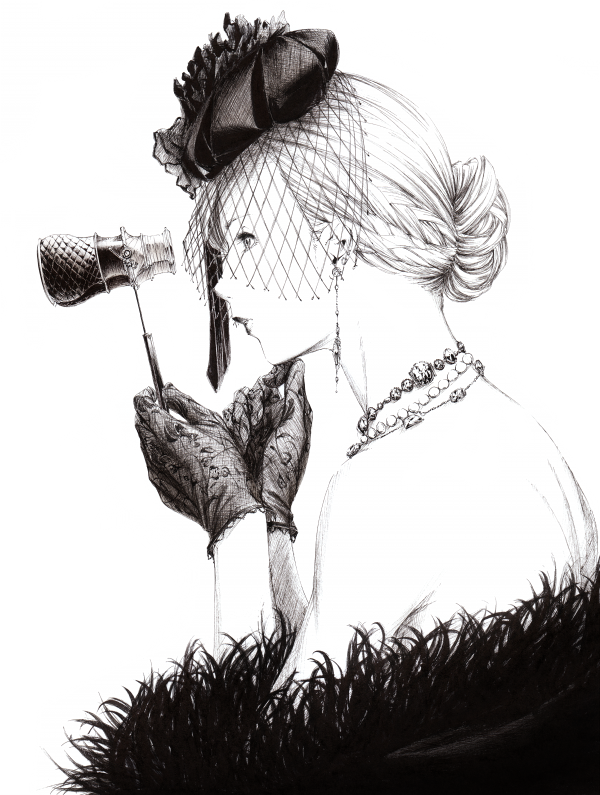 binoculars, black_dress, bust, dress, earrings, feathers, gloves, hair_bun
