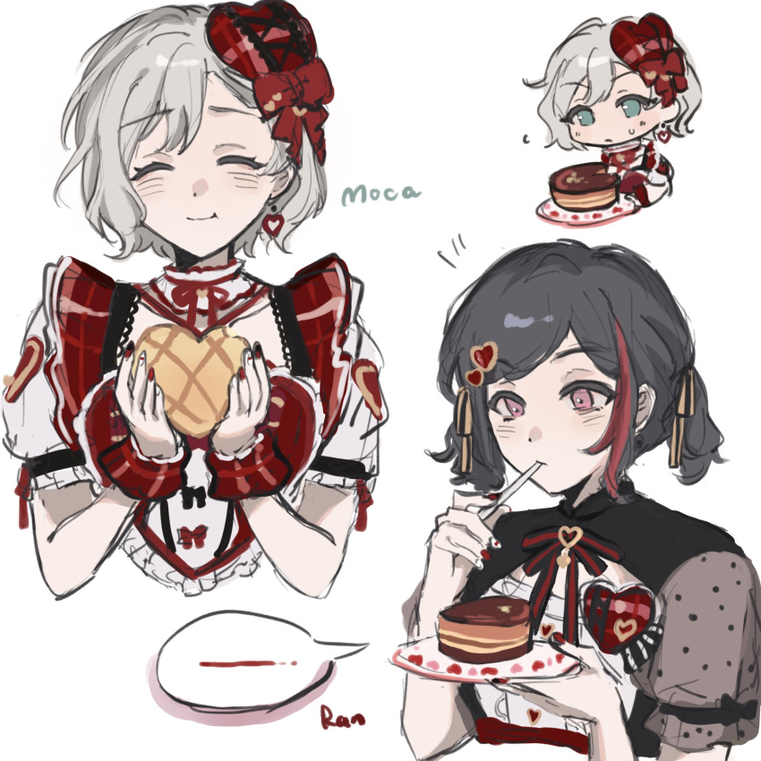2girls, aoba_moca, bang_dream!, bang_dream!_girls_band_party!, black_hair, black_nails, black_ribbon, blue_eyes