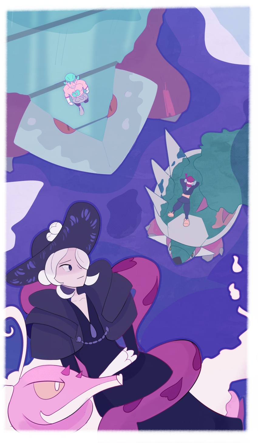 1girl, 2boys, absurdres, aqua_hair, arms_behind_head, black_dress, black_eyes, black_hat