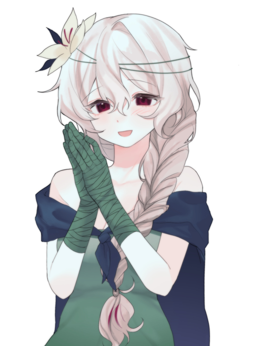 :d, alternate_skin_color, bandaged_arm, bandages, bare_arms, bare_shoulders, blue_cape, blush