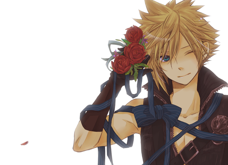 bishounen, blonde_hair, blue_eyes, bow, cloud_strife, final_fantasy, final_fantasy_vii, flower