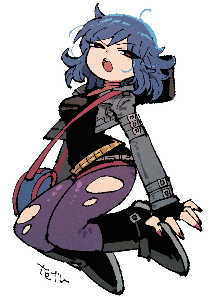 1girl, :o, artist_name, bag, belt, black_boots, blue_hair, boots