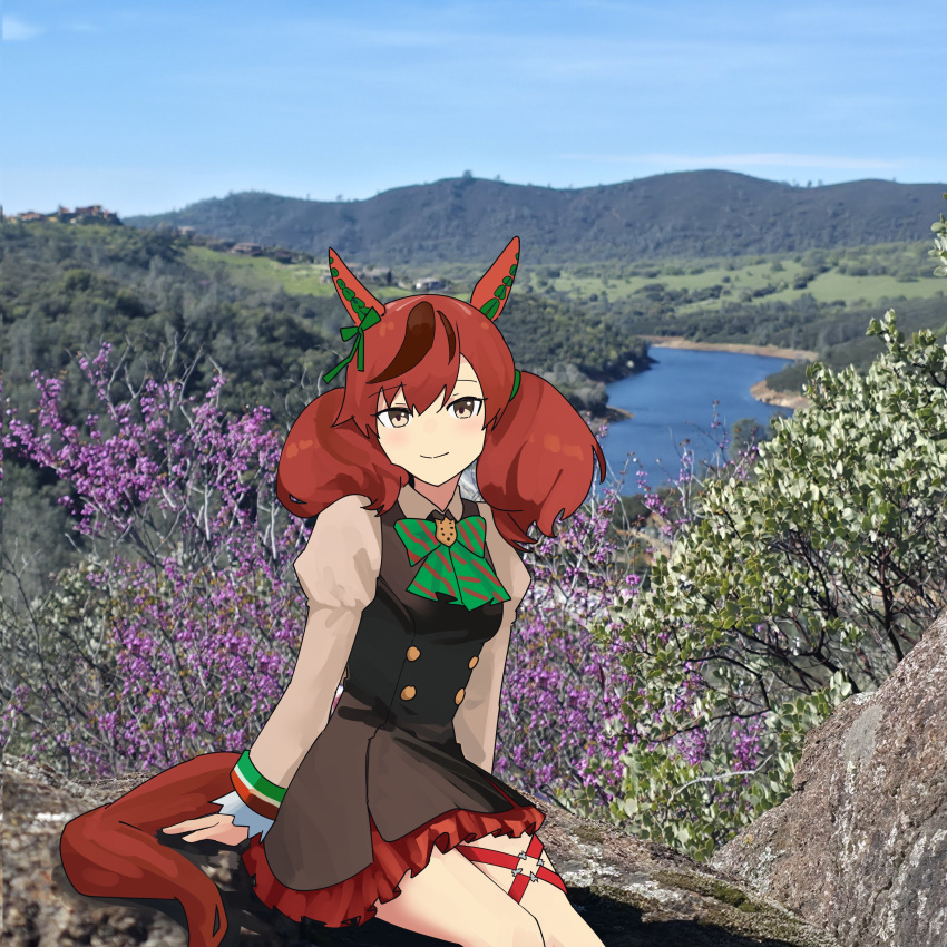 1girl, absurdres, animal_ears, breasts, brown_hair, fluffy_hair, highres, horse_ears, horse_girl, horse_tail, juliet_sleeves, long_sleeves, looking_at_viewer, medium_breasts, medium_hair, multicolored_hair, myticalcat, nice_nature_(poinsettia_ribbon)_(umamusume), nice_nature_(umamusume), photo_background, puffy_sleeves, short_twintails, sitting, smile, solo, streaked_hair, tail, twintails, umamusume