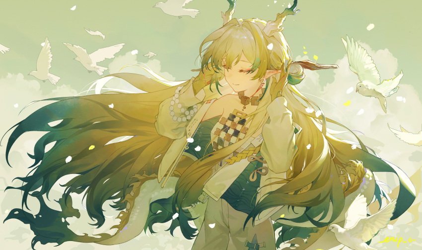 1girl, absurdres, arknights, artist_name, backlighting, bead_bracelet, beads, bird