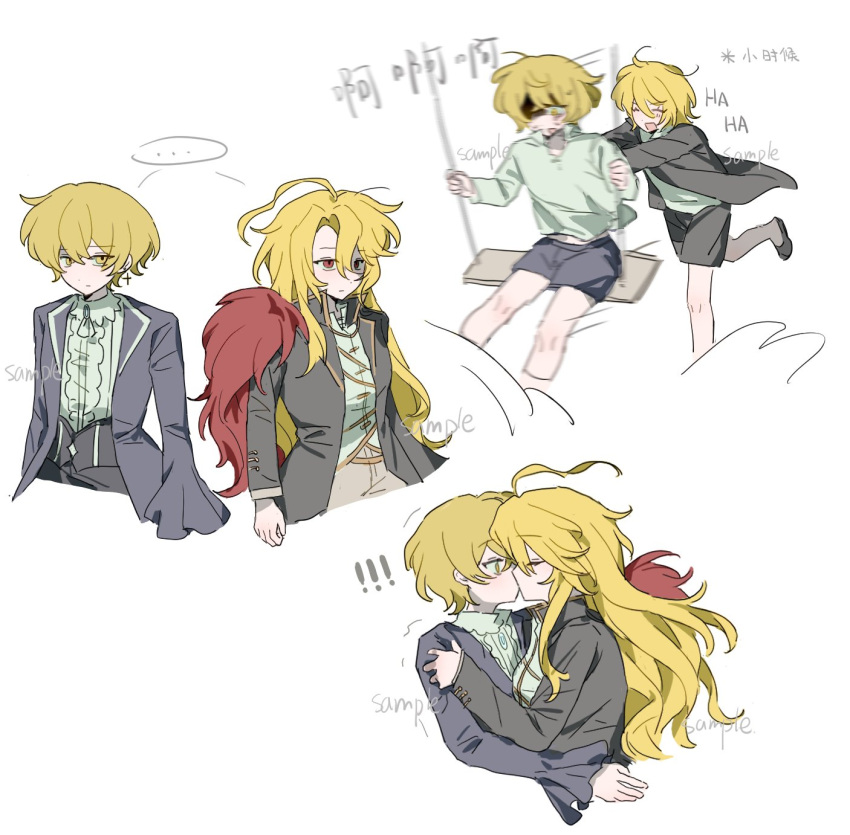 1boy, 1girl, ahoge, alternate_costume, black_shoes, blonde_hair, closed_eyes, closed_mouth