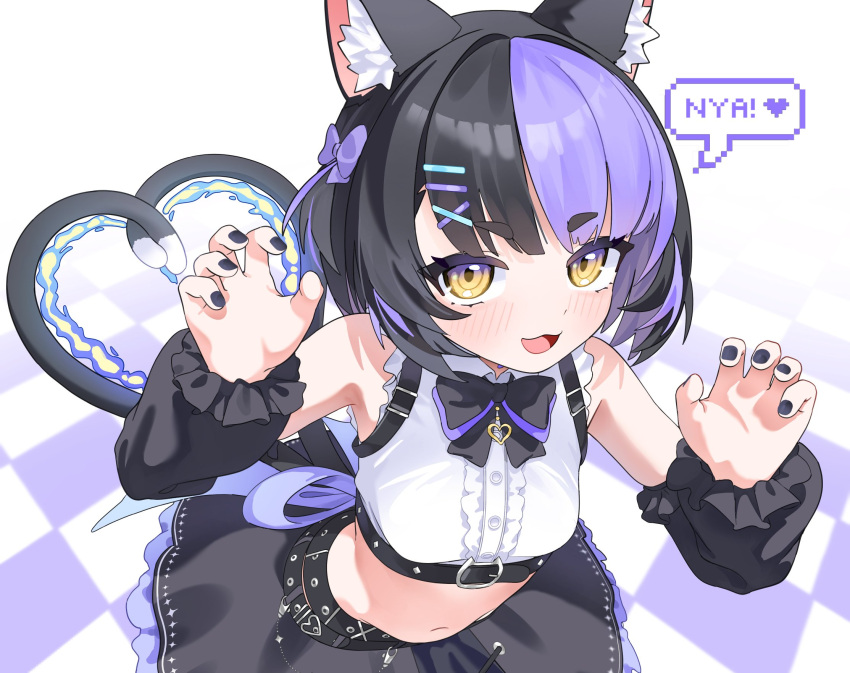 1girl, animal_ears, anya_nyabyss, bare_shoulders, belt, black_hair, black_nails, black_skirt, bow, breasts, cat_ears, cat_girl, commentary, detached_sleeves, gurumie, hair_ornament, highres, midriff, multicolored_hair, multiple_tails, navel, open_mouth, phase_connect, purple_hair, short_hair, skirt, small_breasts, tail, two-tone_hair, virtual_youtuber, white_background, yellow_eyes