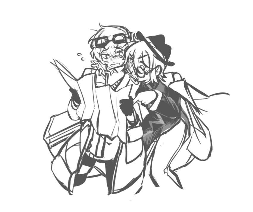 1boy, 1girl, bespectacled, black_gloves, blush, cinq_association_east_uniform, commentary_request, couple
