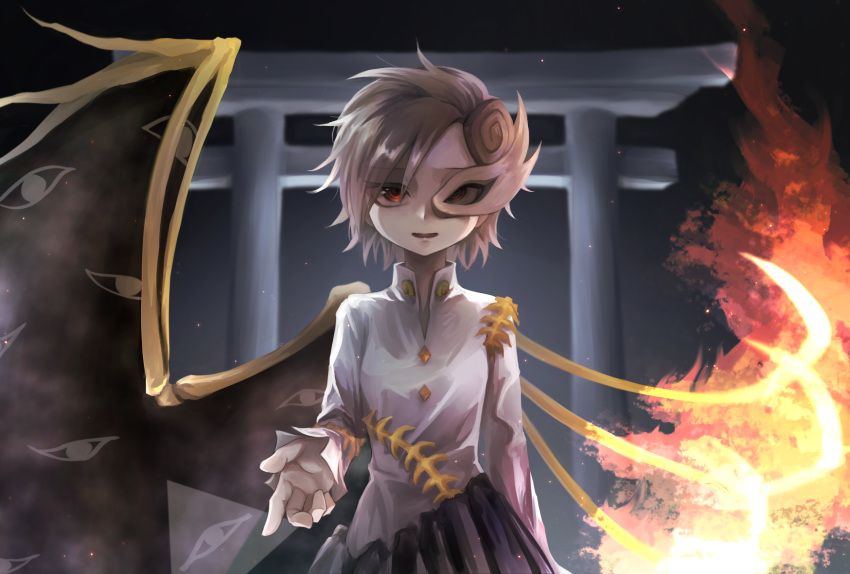 1girl, asymmetrical_wings, breasts, brown_hair, brown_mask, commentary_request, eye_print, grey_skirt