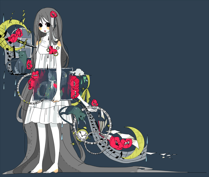 black_hair, dress, flower, hair_flower, hair_ornament, miya_(48ne), original, standing