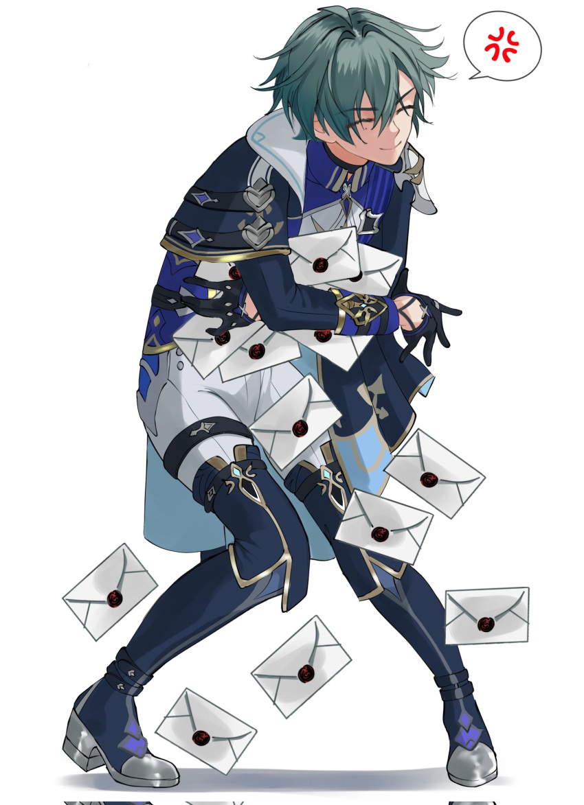 1boy, anger_vein, bishounen, black_boots, black_gloves, blue_hair, boots, closed_eyes