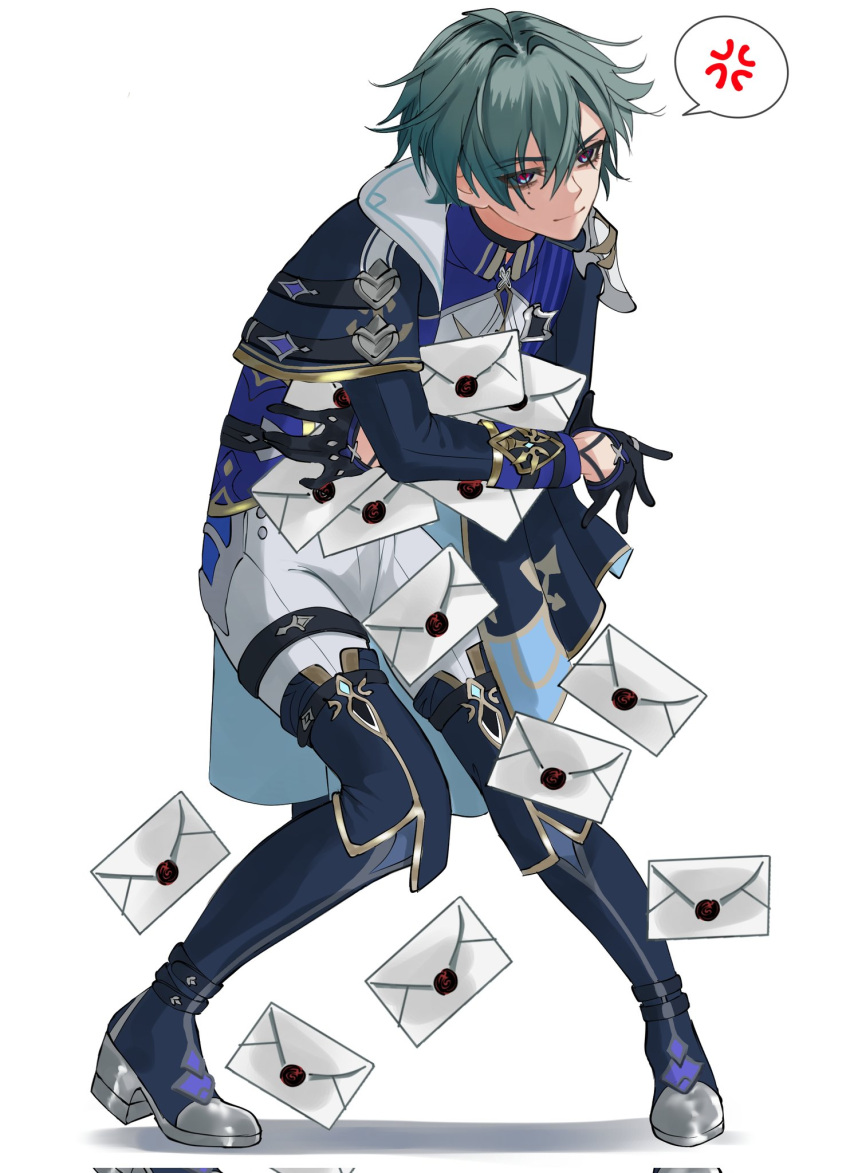 1boy, anger_vein, bishounen, black_boots, black_gloves, blue_hair, boots, closed_mouth