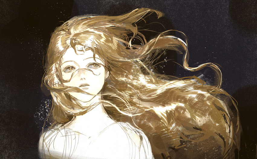 1boy, absurdres, androgynous, apollo_(mythology), blonde_hair, camera_flash, commentary, expressionless