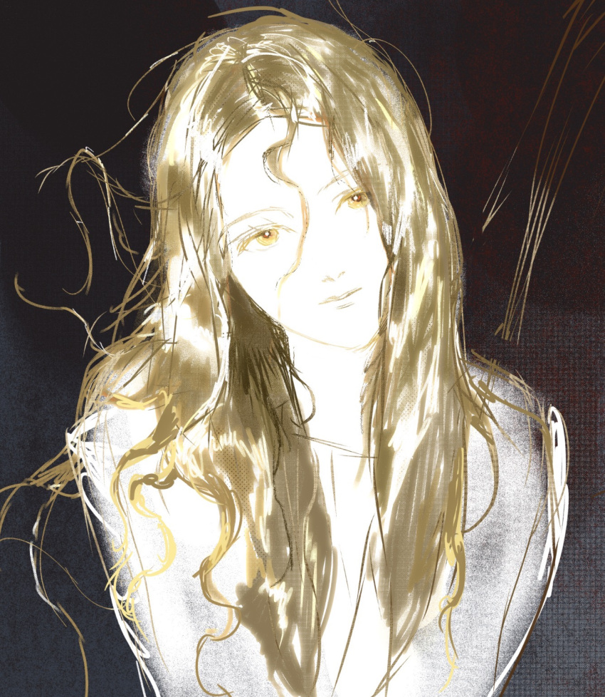 1boy, androgynous, apollo_(mythology), black_background, blonde_hair, camera_flash, closed_mouth, commentary