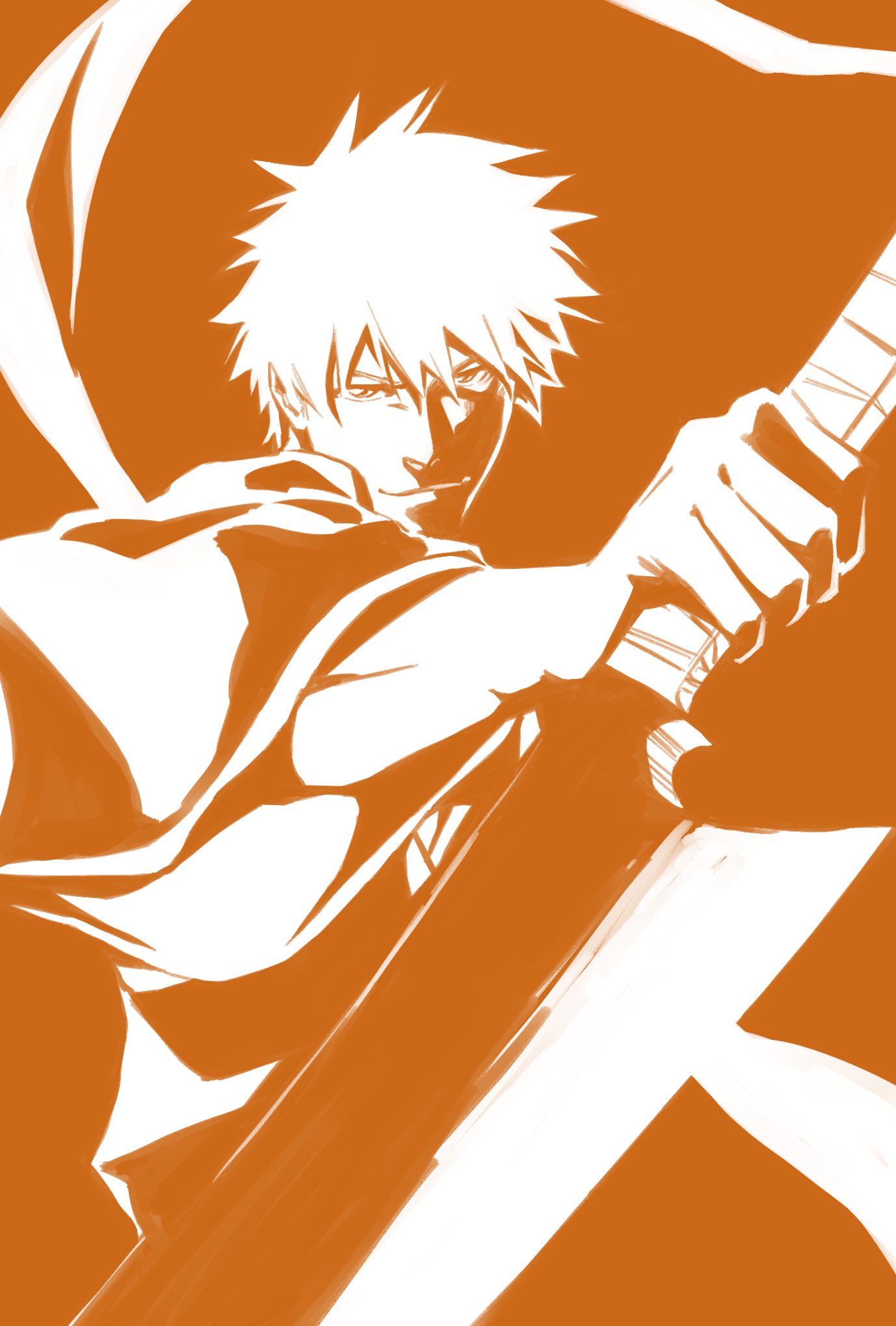1boy, 46take_e, bleach, commentary_request, hair_between_eyes, highres, holding, holding_sword, holding_weapon, japanese_clothes, kimono, kurosaki_ichigo, limited_palette, looking_at_viewer, male_focus, orange_theme, reverse_grip, shihakusho, solo, sword, upper_body, weapon, zangetsu_(shikai)
