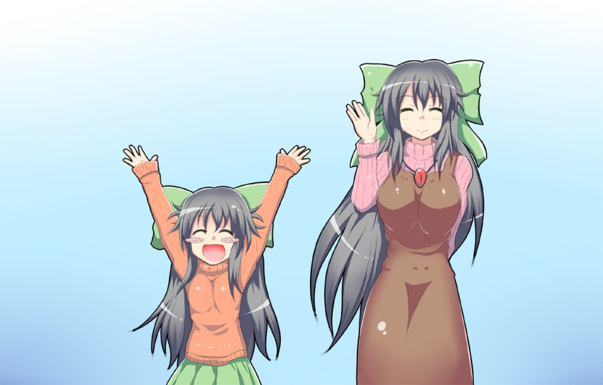 2girls, :d, azumax, black_hair, blush, blush_stickers, bow, child