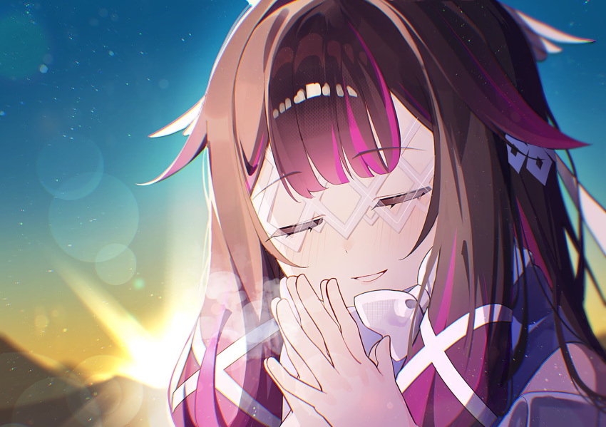 1girl, black_hair, blush, bow, closed_eyes, columbina_(genshin_impact), commentary_request, eye_mask