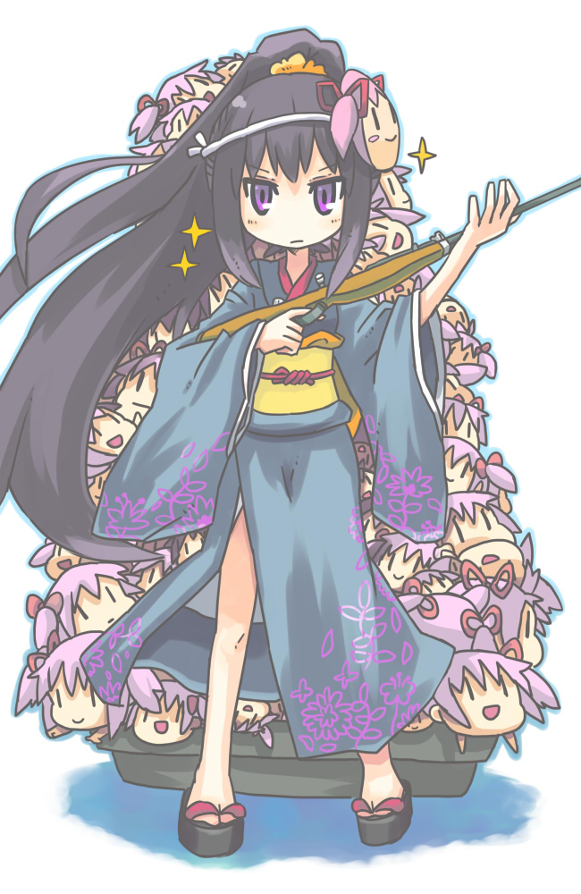 akemi_homura, alternate_hairstyle, alternative_hairstyle, black_hair, chibi, geta, gun, hair_ornament
