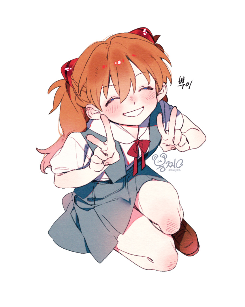 1girl, aqua_skirt, blush, bow, bowtie, brown_shoes, closed_eyes, dambi0225, double_v, grin, hair_between_eyes, highres, interface_headset_(evangelion), long_hair, neon_genesis_evangelion, orange_hair, red_bow, red_bowtie, school_uniform, seiza, shirt, shoes, sitting, skirt, smile, souryuu_asuka_langley, suspender_skirt, suspenders, tokyo-3_middle_school_uniform, twitter_username, v, white_shirt