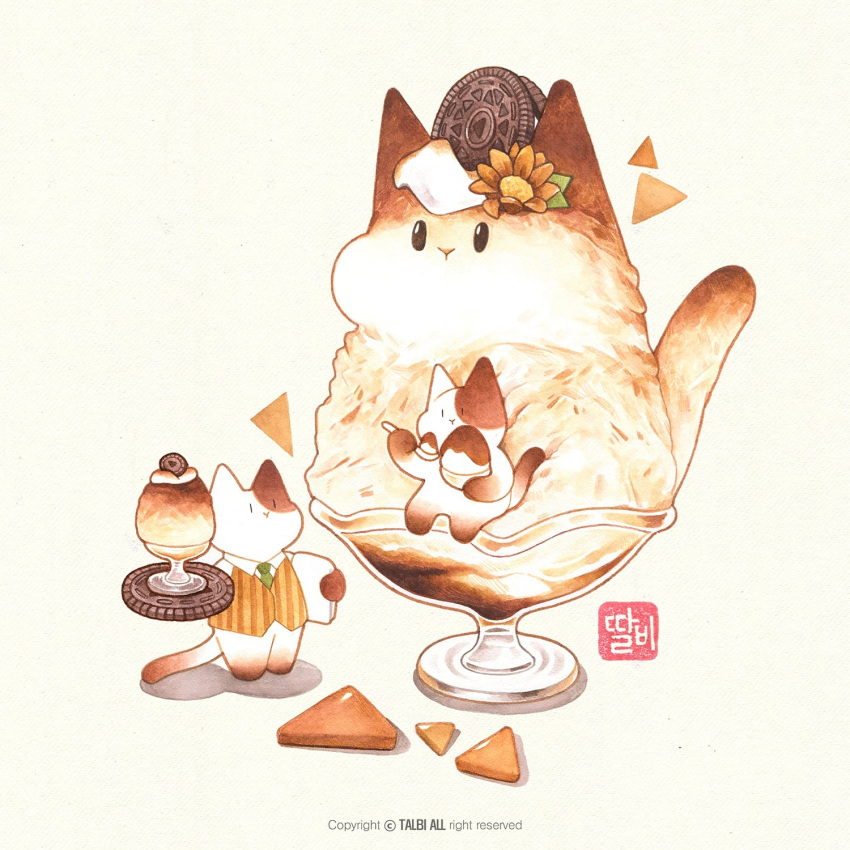 animal-themed_food, bowl, brown_flower, brown_vest, cat, chibi, chibi_only, collared_shirt