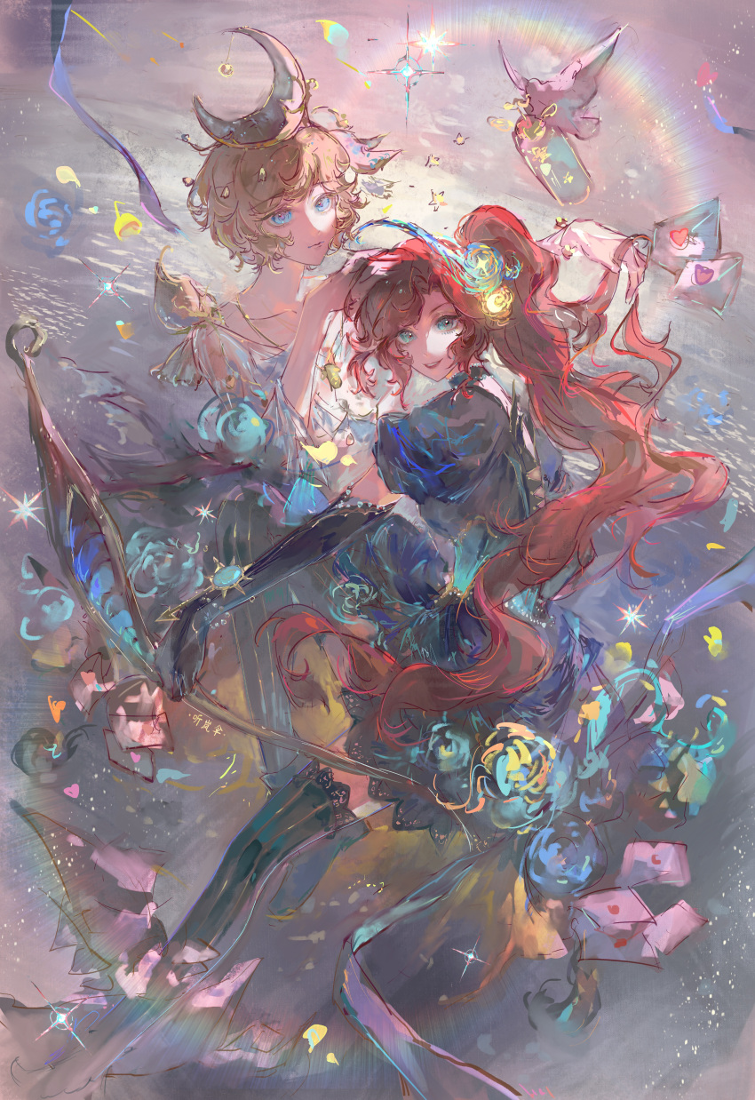 2girls, absurdres, backless_dress, backless_outfit, black_choker, black_gloves, black_thighhighs, blonde_hair